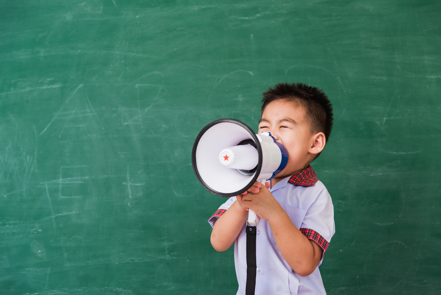 Child Boy Kindergarten Preschool in Student Uniform Speaking Thr