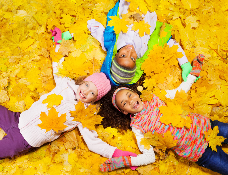 Kids Play with Autumn Maple Orange Leaves